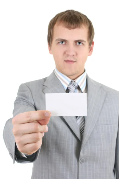 Giovane uomo d'affari che mostra un biglietto da visita vuoto — Foto Stock