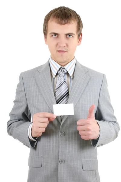 Jonge zakenman toont een blanco visitekaartje — Stockfoto