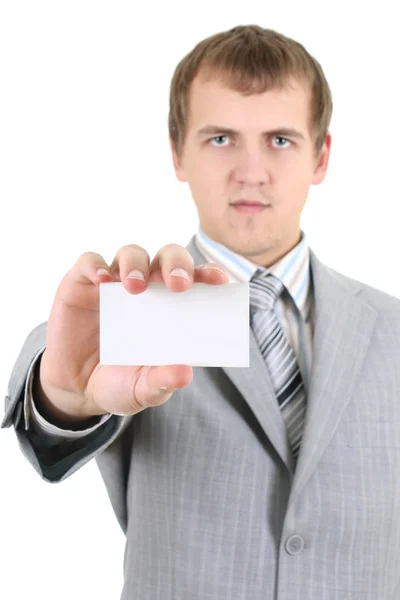 Joven empresario mostrando una tarjeta de visita en blanco — Foto de Stock