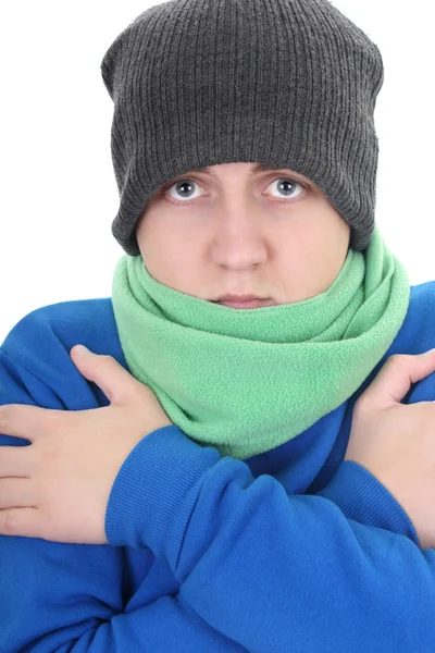 Young man in blue sweater and green scarf — Stock Photo, Image