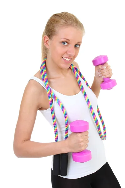 Girl with skipping rope and dumbbells — Stockfoto