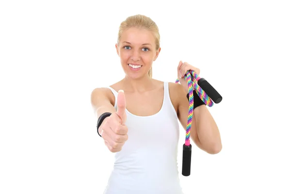 Girl with skipping rope thumbs up — Stock Photo, Image
