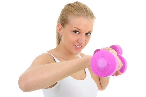 Young blondie woman with dumbbell — Photo