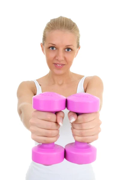 Young blondie woman with dumbbells isolated over white — Stock Photo, Image