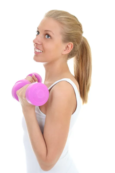 Young blondie woman with dumbbells isolated over white backgroun — Stock Photo, Image