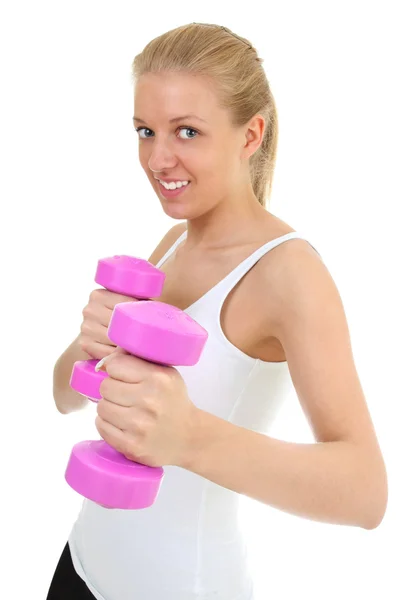 Attractive girl with dumbbells isolated over white background — Stock Photo, Image