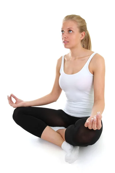 Piękna kobieta robi joga na białym tle nad białym — Zdjęcie stockowe