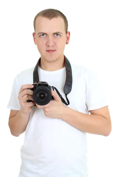 Fotograf mit Dslr-Kamera, die isoliert weiß — Stockfoto