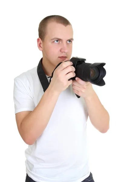 Fotógrafo tomando fotos sobre blanco —  Fotos de Stock
