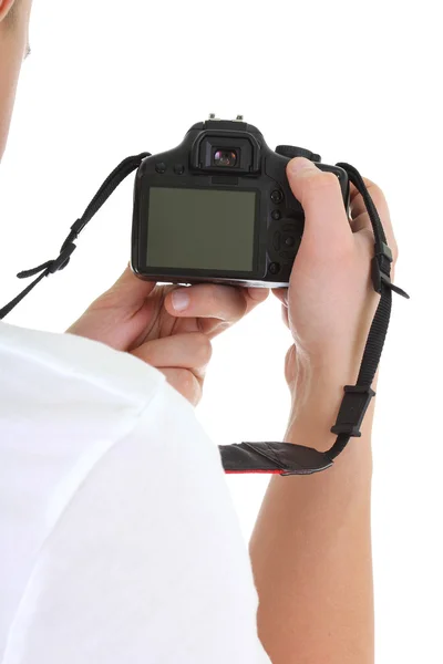 DSLR-Kamera in männlichen Händen — Stockfoto