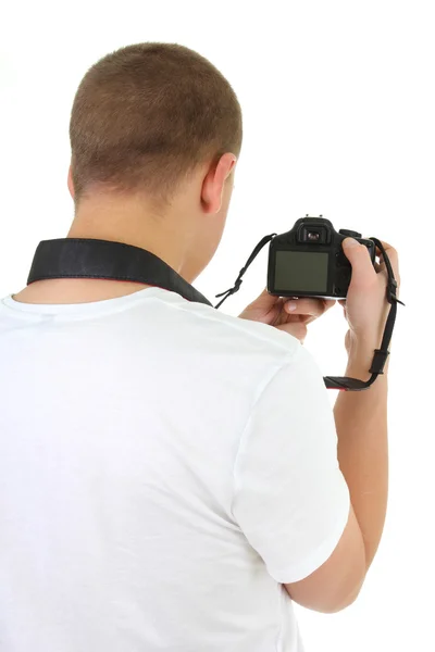 Photo camera in male hands — Stock Photo, Image