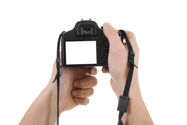Fotocamera DSLR in mani maschili. copyspace — Foto Stock