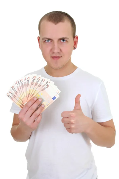 Человек с деньгами, показывая большой палец вверх над белой — стоковое фото