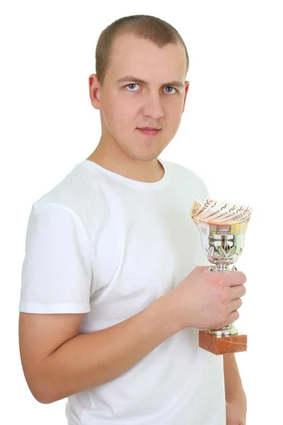 Man with cup of money — Stock Photo, Image