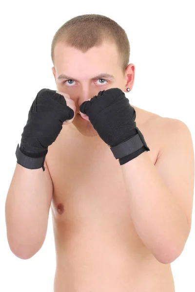 Boxeador en una postura defensiva aislada en blanco — Foto de Stock