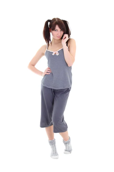 Jonge aantrekkelijke vrouw in pyjama's over Wit — Stockfoto