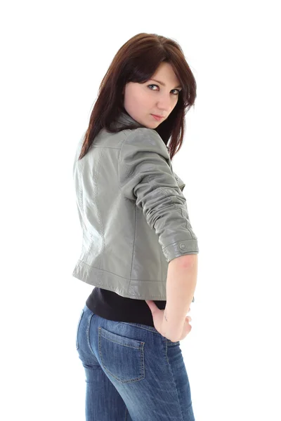 グレーのジャケットのポージングでトレンディな女性 — ストック写真