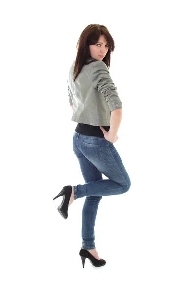 Sexy Frau in grau Jacke posiert — Stockfoto