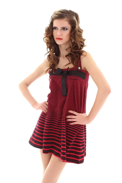 Jonge model in rode jurk dromen over Wit — Stockfoto