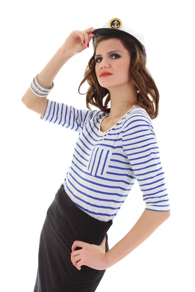 Jonge model in sailor kleren poseren over Wit — Stockfoto