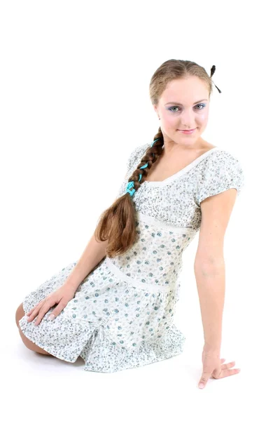 Beautiful girl in sundress with plait — Stock Photo, Image