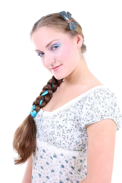 Beautiful girl in sundress with plait — Stock Photo, Image