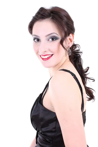 Portrét bruneta s červenými rty s úsměvem — Stock fotografie