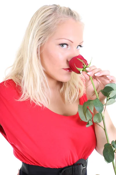 Dame in het rood met rode roos — Stockfoto