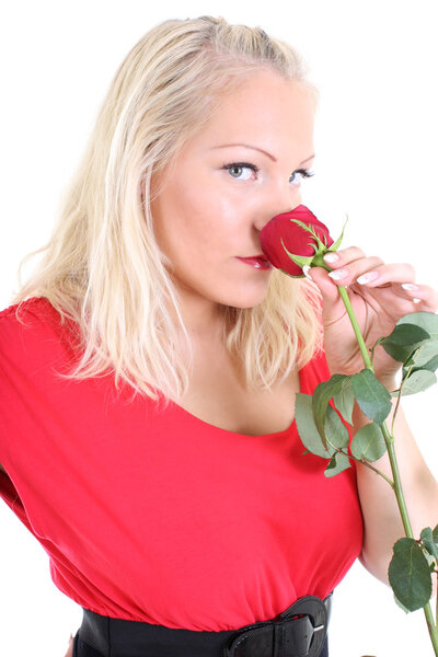 Lady in red with red rose