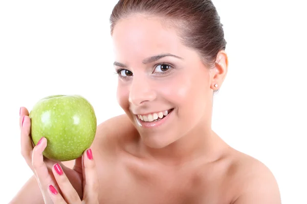 Υγιή γυναίκα με πράσινο μήλο — Φωτογραφία Αρχείου