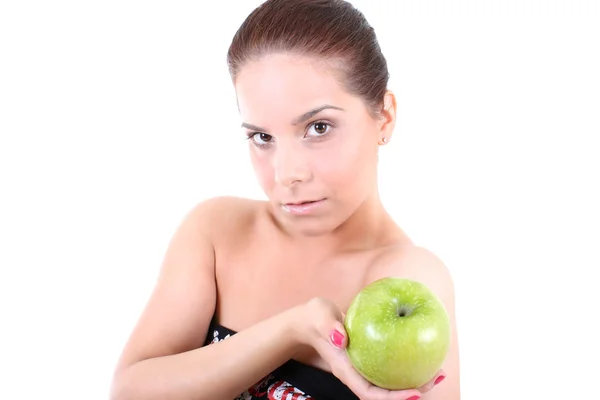 Frisk kvinna med grönt äpple — Stockfoto