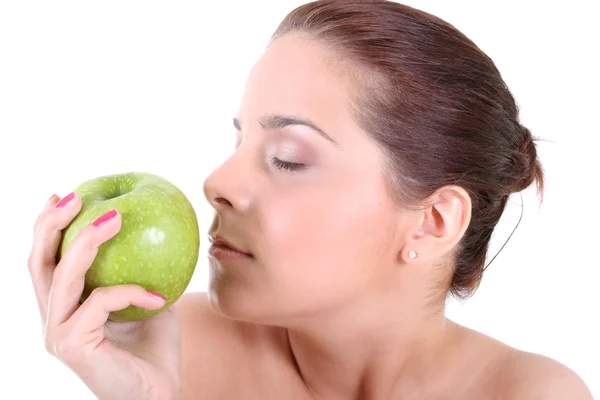 Υγιή γυναίκα με πράσινο μήλο — Φωτογραφία Αρχείου