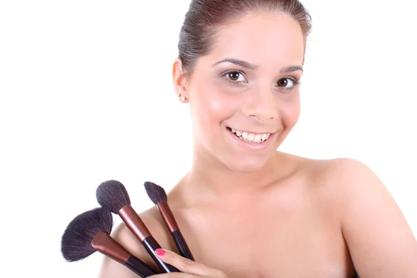 Mulher com maquiagem escova — Fotografia de Stock