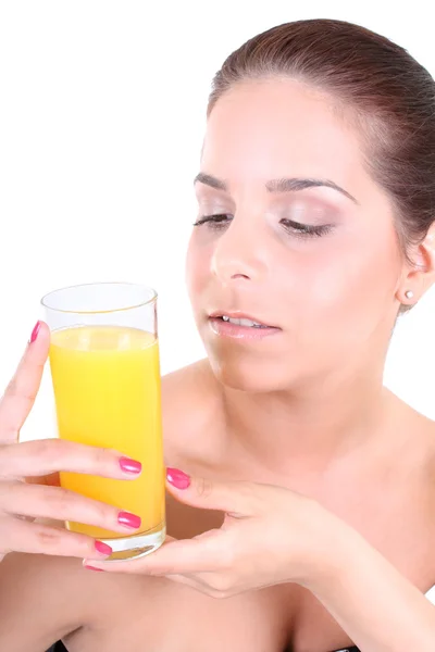 Γυναίκα με ένα ποτήρι χυμό πορτοκάλι — Φωτογραφία Αρχείου