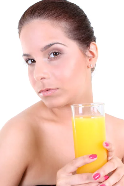 Donna con bicchiere di succo d'arancia — Foto Stock