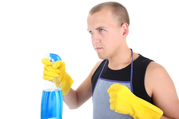 Mann in Schürze mit Reinigungsmittel — Stockfoto