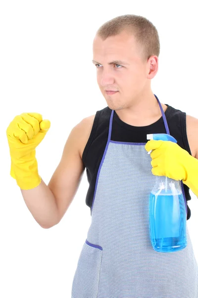 Homem de avental posando com material de limpeza — Fotografia de Stock