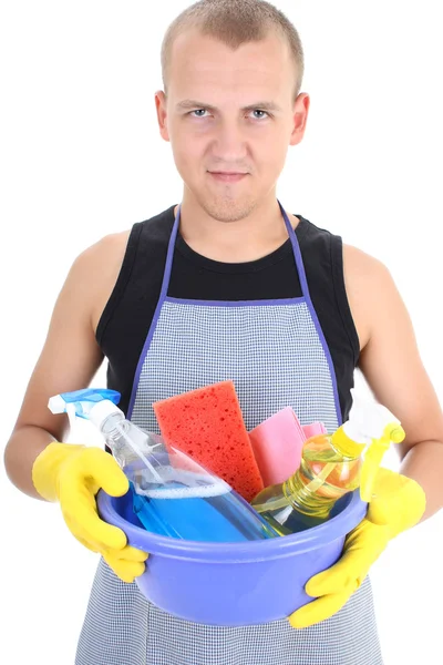 Man with cleaning supplies — Stock Photo, Image