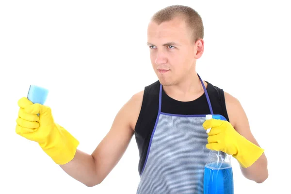 Homme avec des fournitures de nettoyage — Photo