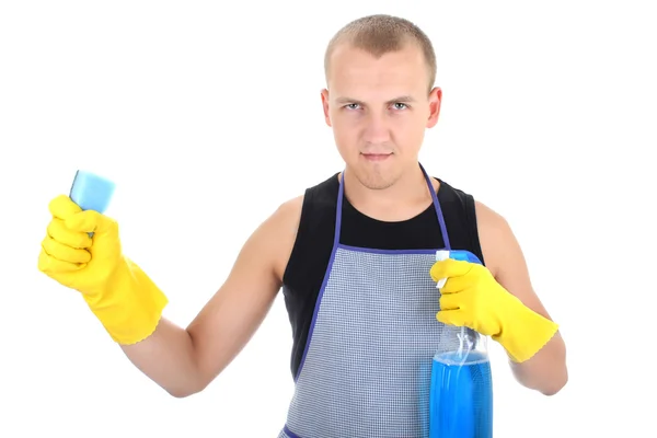 Man in yellow gloves posing with cleaning supplies — Stock Photo, Image