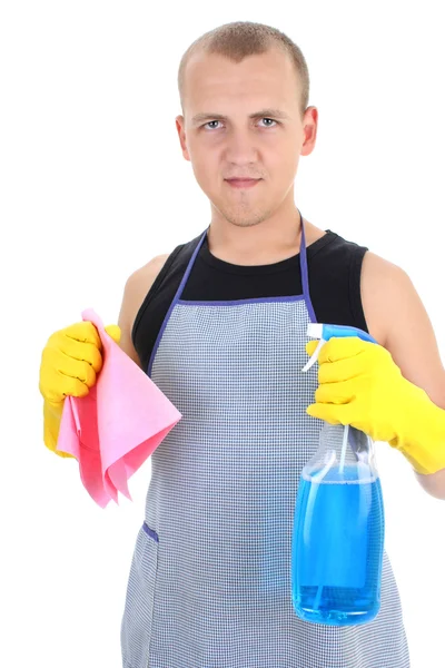 Молодой человек с чистящими средствами — стоковое фото
