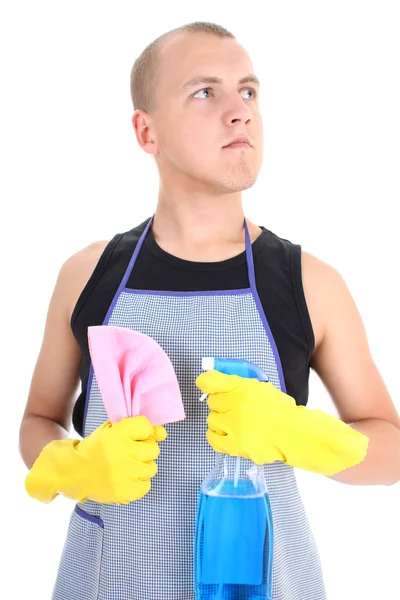 Man posing with spray and dusher — Stock Photo, Image