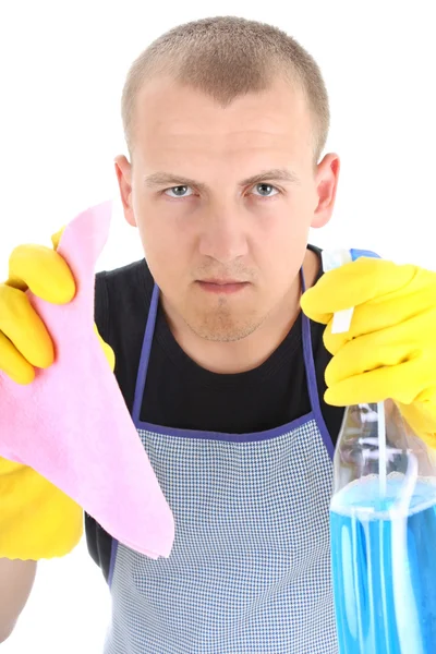 Retrato de hombre joven con productos de limpieza —  Fotos de Stock