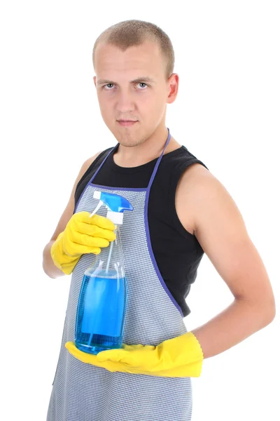 Homme avec spray nettoyant — Photo
