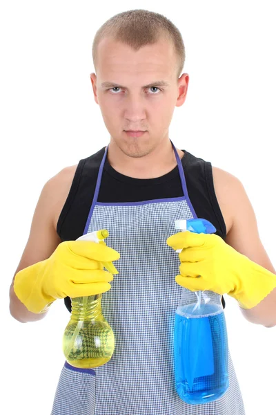 Poważny człowiek z spray do czyszczenia — Zdjęcie stockowe