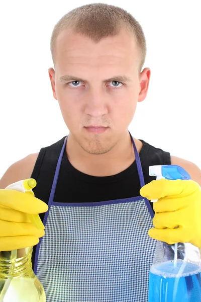 Porträtt av allvarlig man med rengöring spray — Stockfoto