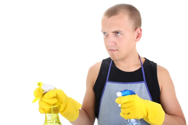 Man with cleaning spray ready for doing housework — Stock Photo, Image