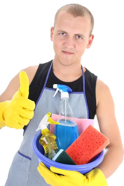 Mann mit Reinigungsartikel Daumen aufgeben — Stockfoto