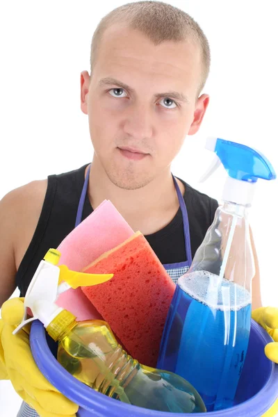 Portrait of cleaner with cleaning supplies — Stock Photo, Image