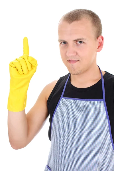 Mannen i gula handskar att ha en idé — Stockfoto